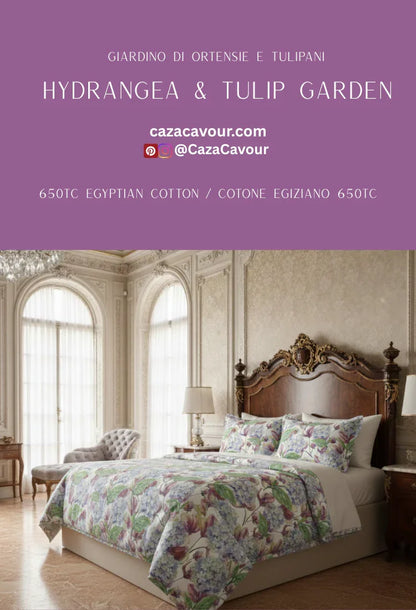 Luxury bedroom with hydrangea and tulip floral bedding, 650TC Egyptian cotton duvet set