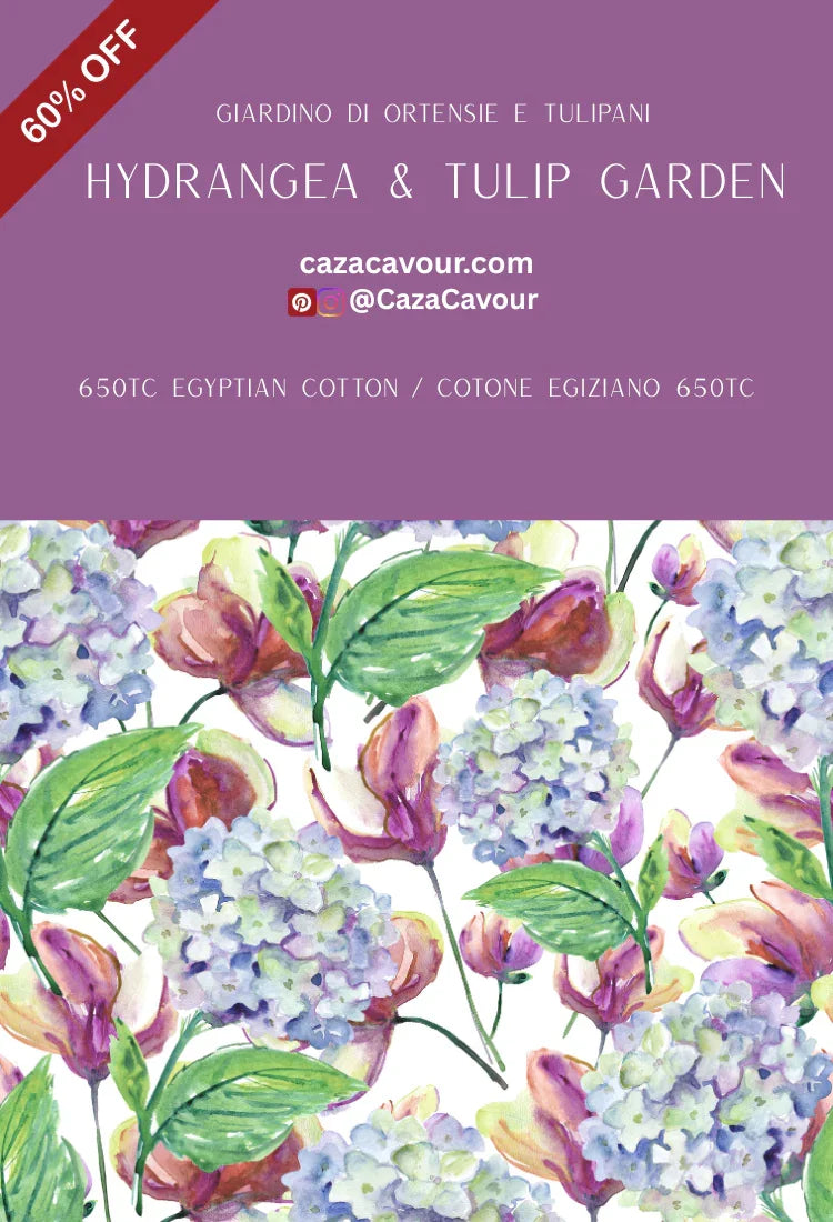 Hydrangea and tulip floral bedding pattern, 650TC Egyptian cotton, 60% off promo banner