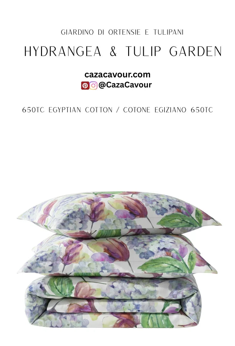 Floral bedding set with hydrangea and tulip print, 650TC Egyptian cotton, two pillows and duvet