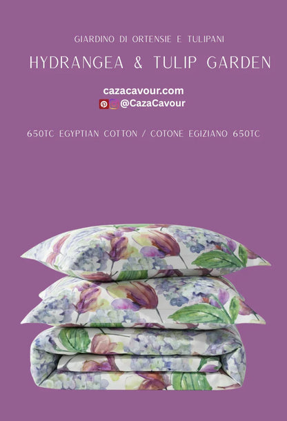 Floral hydrangea and tulip print bedding set with pillowcases, 650TC Egyptian cotton