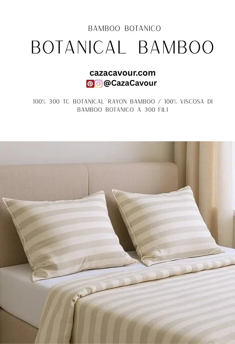 Beige striped botanical bamboo bedding set with two pillows on upholstered bed
