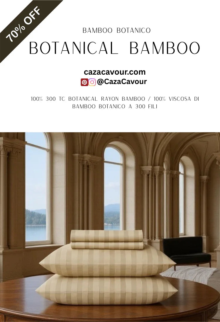 Striped bamboo botanical bedding set on wooden table in elegant, arched-window room, 70% off