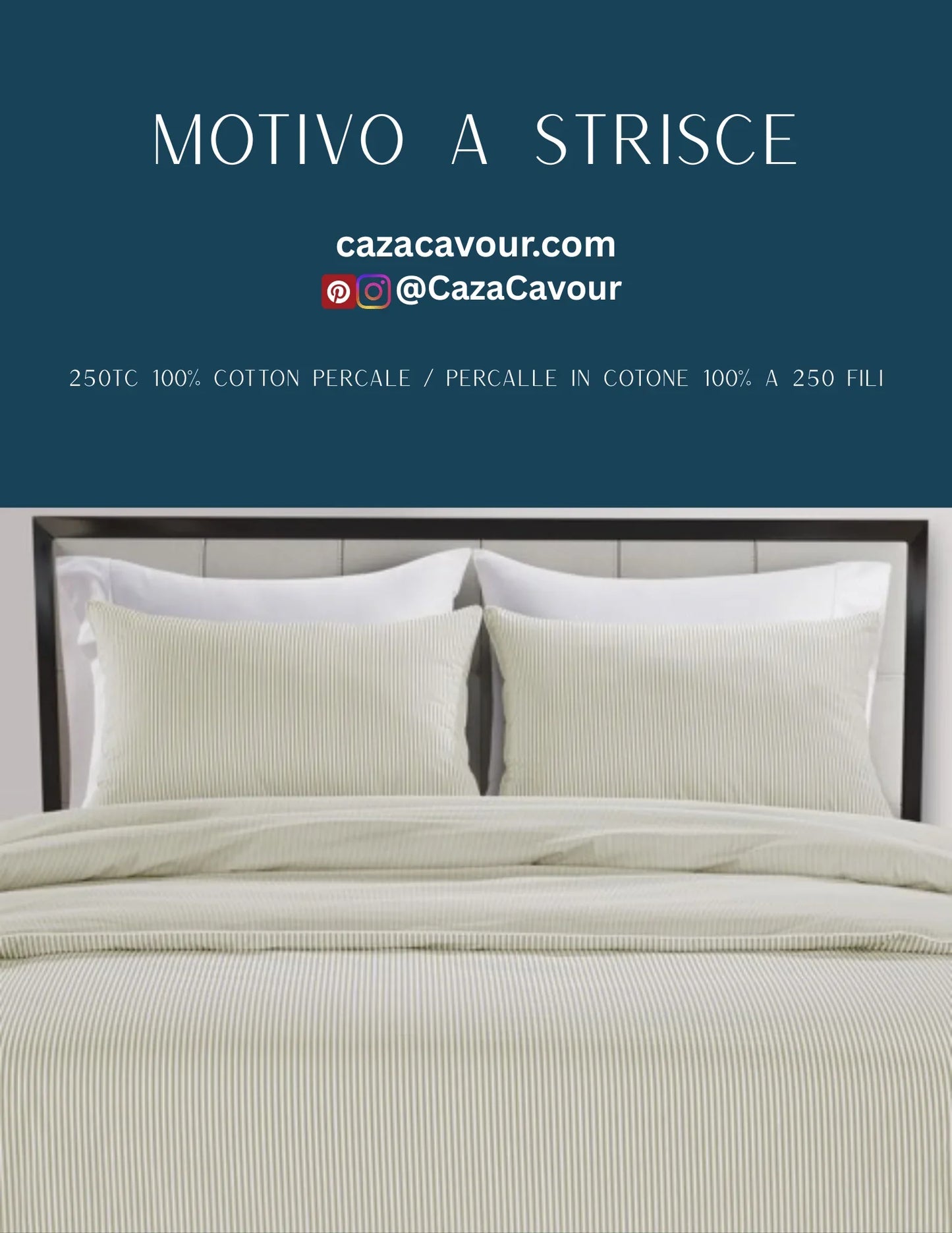 Striped 100% cotton percale bedding set with two pillows and a duvet on a made bed