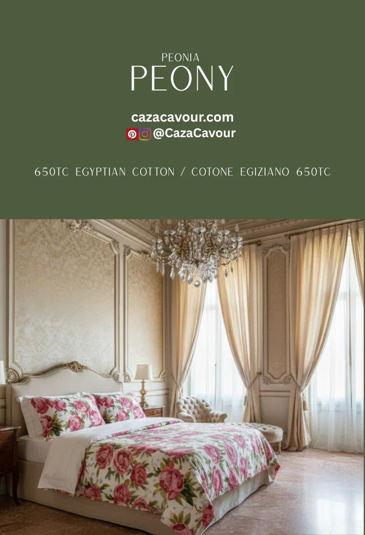 Elegant bedroom with floral peony print Egyptian cotton bedding and classic decor