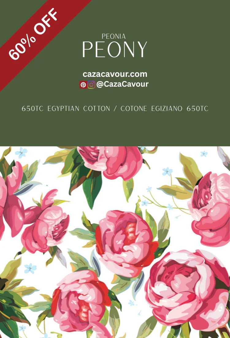 Peony floral Egyptian cotton bedding ad with 60% off, pink flowers on white background.