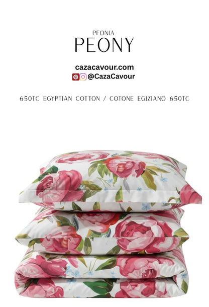 Peony floral bedding set in 650TC Egyptian cotton with pink and green flower print