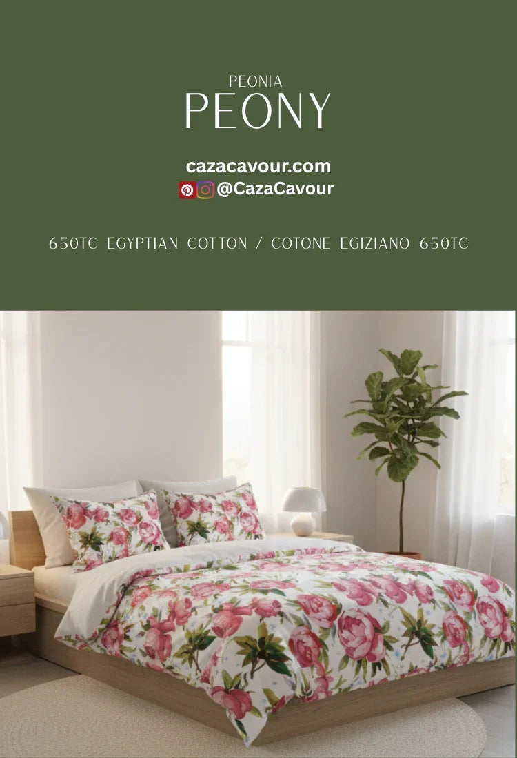 Floral peony print bedding set in a modern bedroom, 650TC Egyptian cotton duvet and pillows