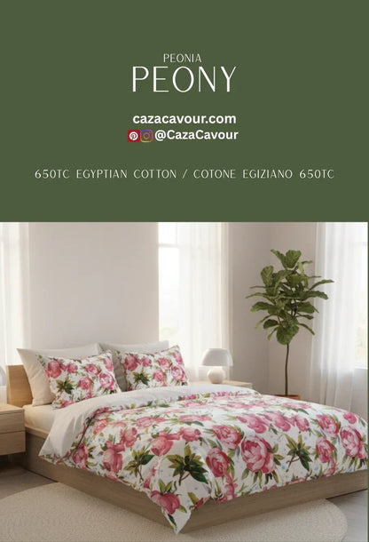 Floral peony print bedding set in a modern bedroom, 650TC Egyptian cotton duvet and pillows