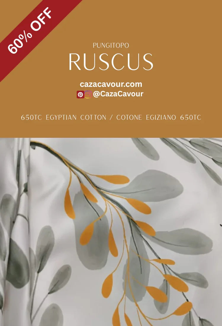Ruscus print Egyptian cotton bedding with grey and gold leaf design, 60% off promotion
