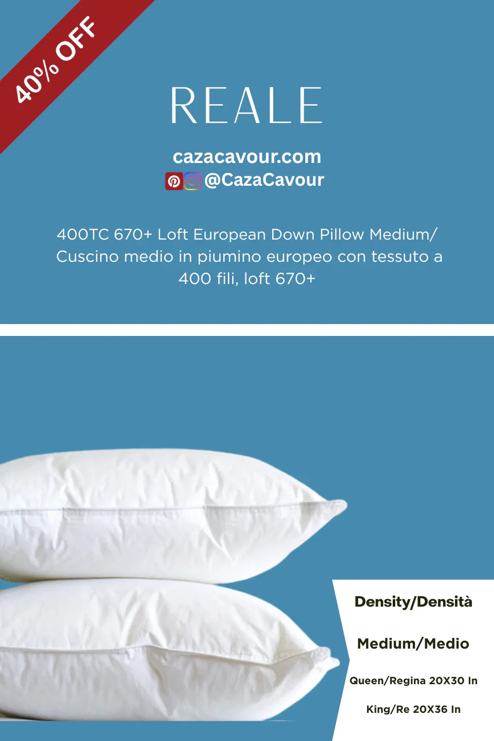 Two white European down pillows, medium density, on blue background with 40% off sale banner.