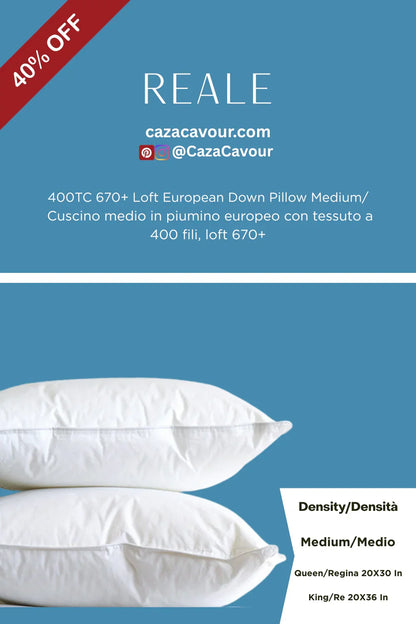 Two white European down pillows, medium density, on blue background with 40% off sale banner.