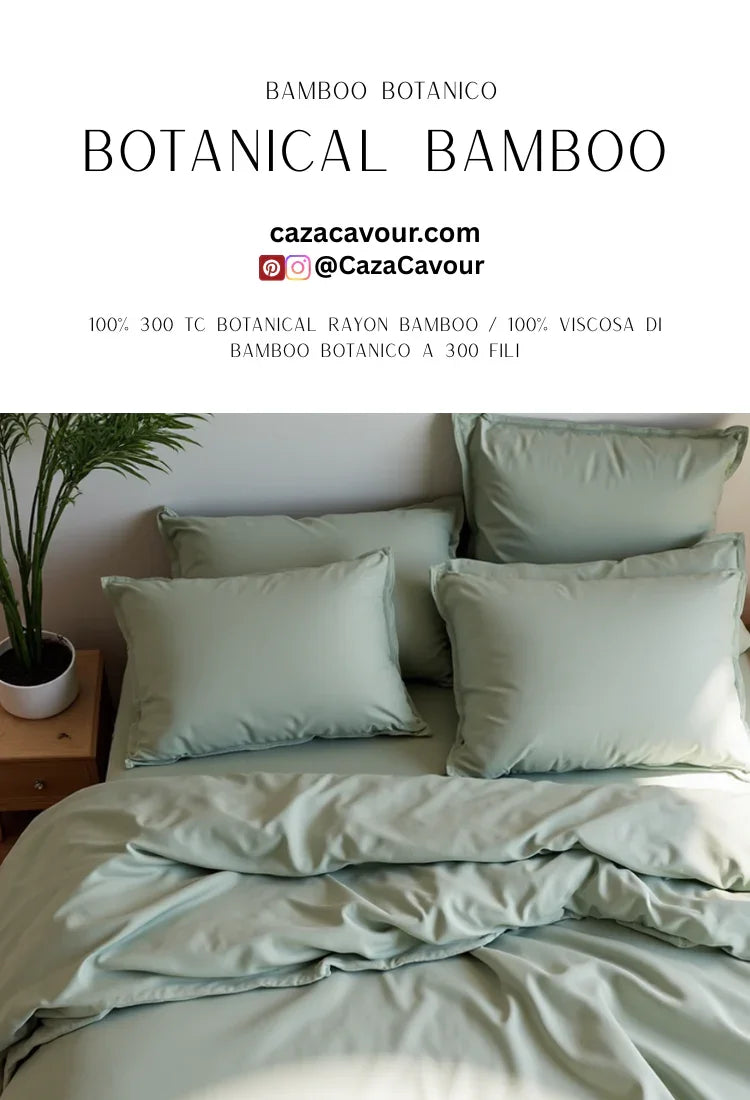 Soft green botanical bamboo bedding set with plush pillows on a neatly made bed
