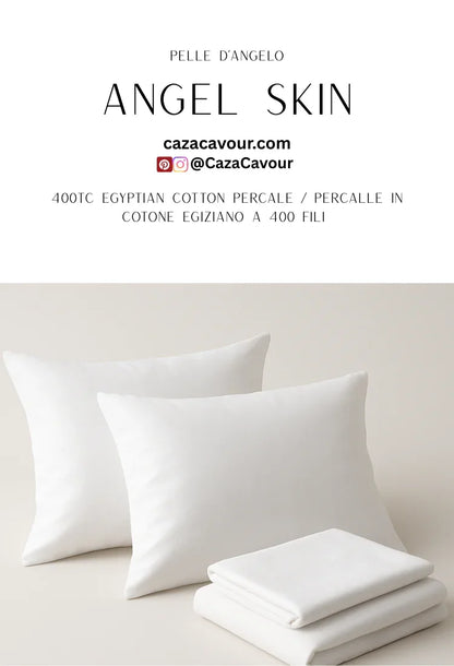 White Egyptian cotton percale pillowcases and sheets set, 400 thread count, on a neutral background