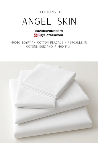 Stacked white 400 thread count Egyptian cotton percale bed sheets and pillowcases.