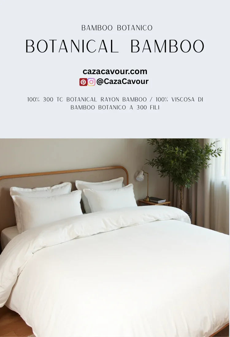 White bamboo botanical bedding set on bed with pillows in a modern bedroom, natural light