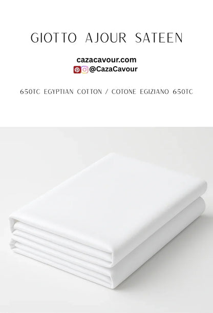 Stacked white Giotto Ajour Sateen sheets, 650 thread count Egyptian cotton bedding.