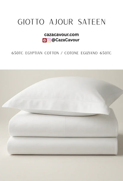 White Egyptian cotton sateen bedding set with pillow and folded sheets, 650 thread count.